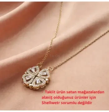 Sheeny Yonca Kolye | Mıknatıslı Kalp Detaylı | Altın Kaplama | Şans & Aşk Simgesi