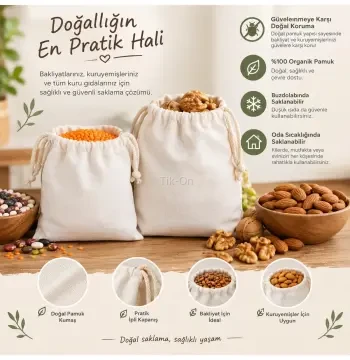 Doğa Natural %100 Organik Pamuk Bakliyat Ve Yemiş Saklama Kesesi Güvelenme Karşıtı Sağlıklı Ham Bez Orta Boy 30*20 Büyük Boy 40*30